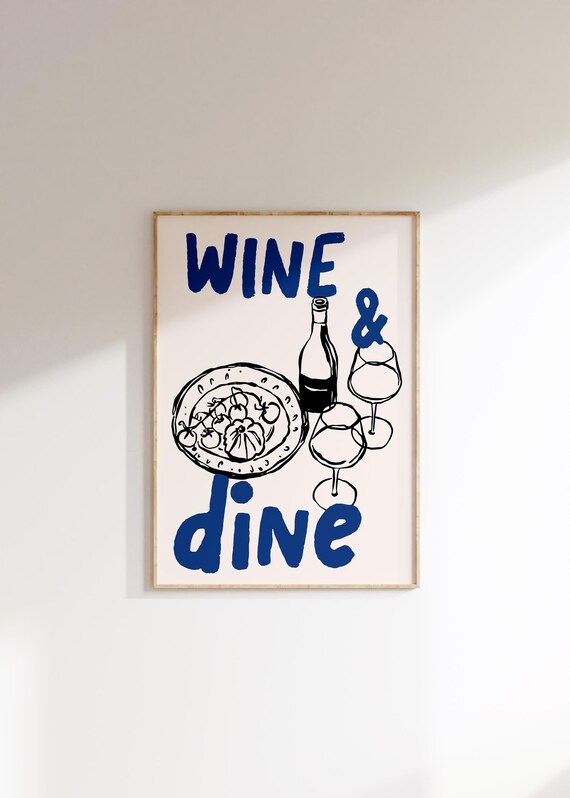Wine and Dine Blue Ink Bottle Glasses Sketch Kitchen Party Poster