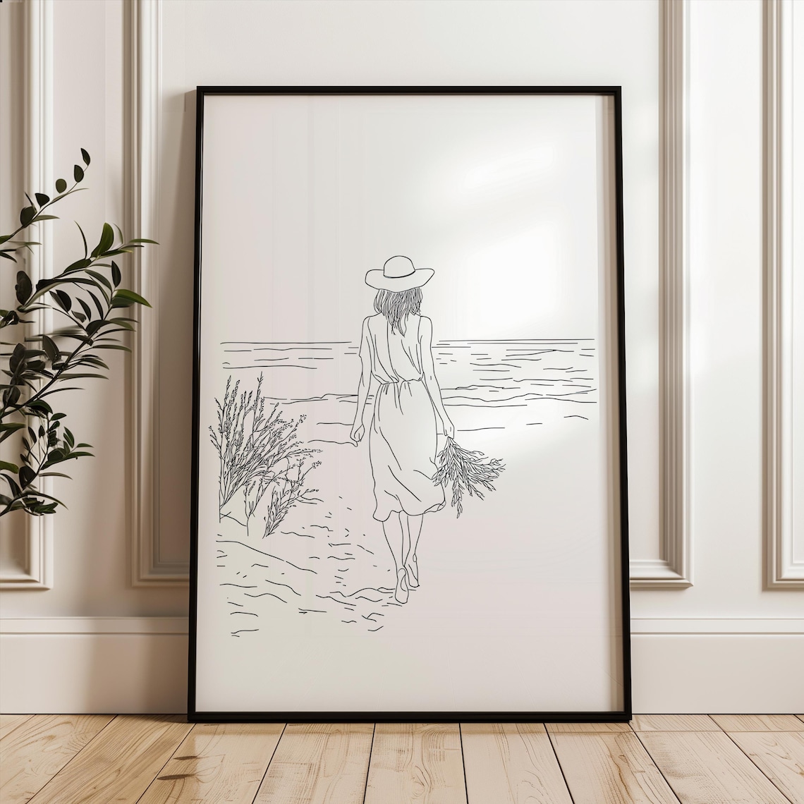 Woman Walking On Beach Line Art Minimalist Ocean Scene Poster Art