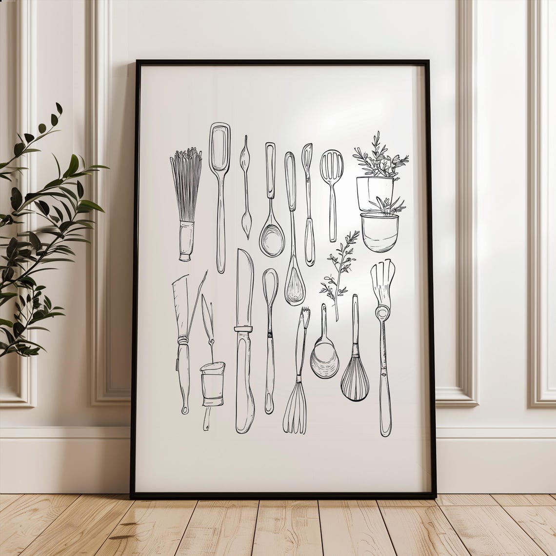 Kitchen Utensils Single Line Sketch Minimalist Black White Art Poster