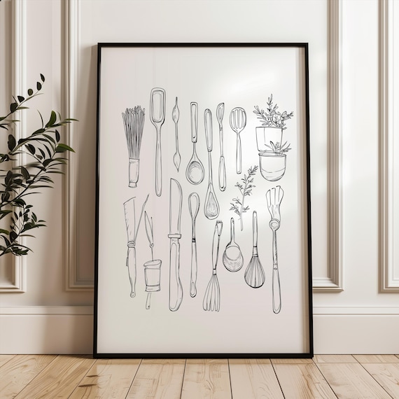 Kitchen Utensils Single Line Sketch Minimalist Black White Art Poster