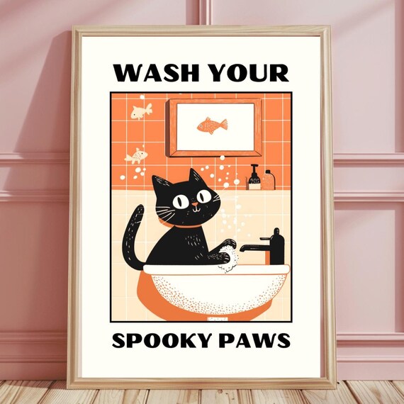 Wash Your Spooky Paws Black Cat Halloween Bathroom Humor Poster