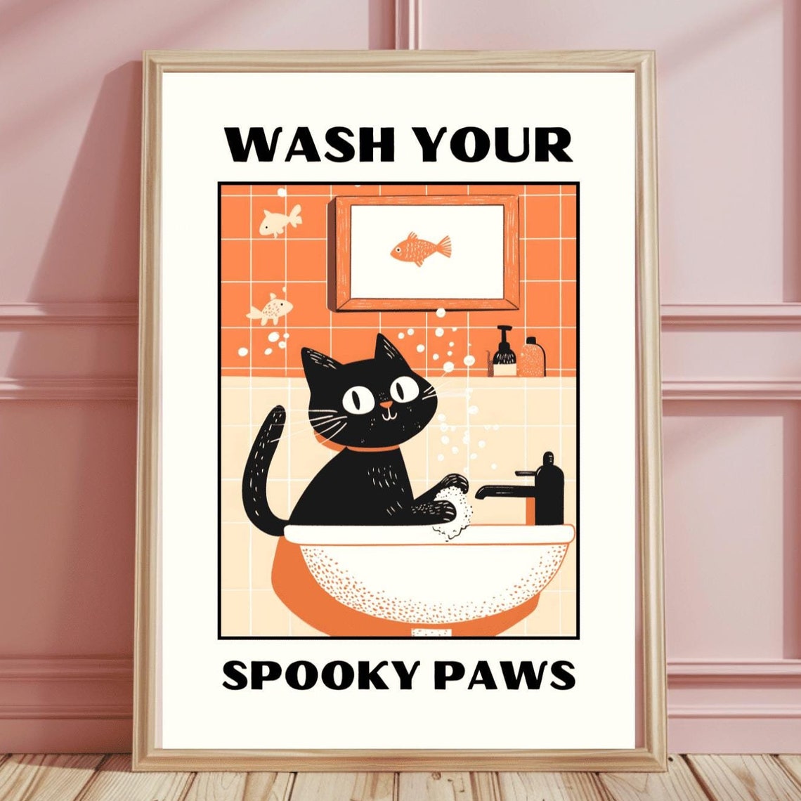 Wash Your Spooky Paws Black Cat Halloween Bathroom Humor Poster