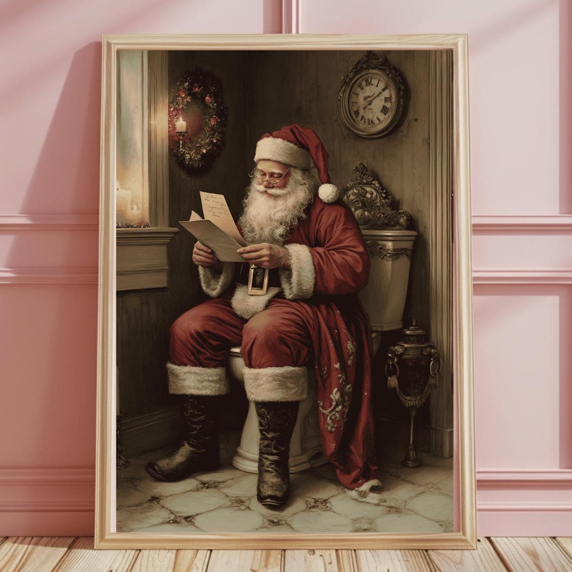 Comical Santa Reading Letters on the Toilet Vintage Bathroom Poster