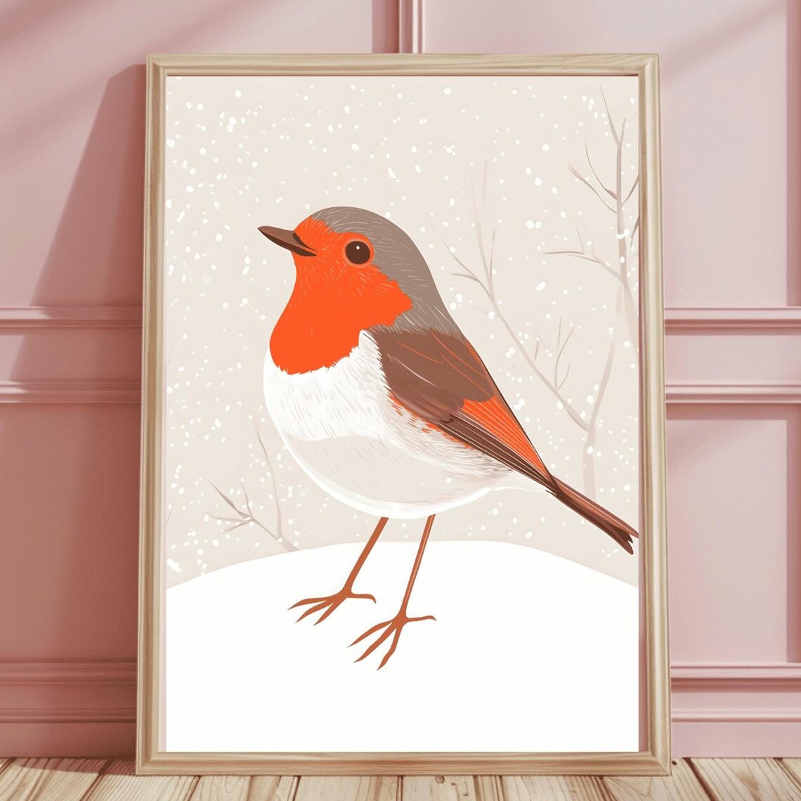 European Robin Redbreast Standing in Falling Snow Winter Poster