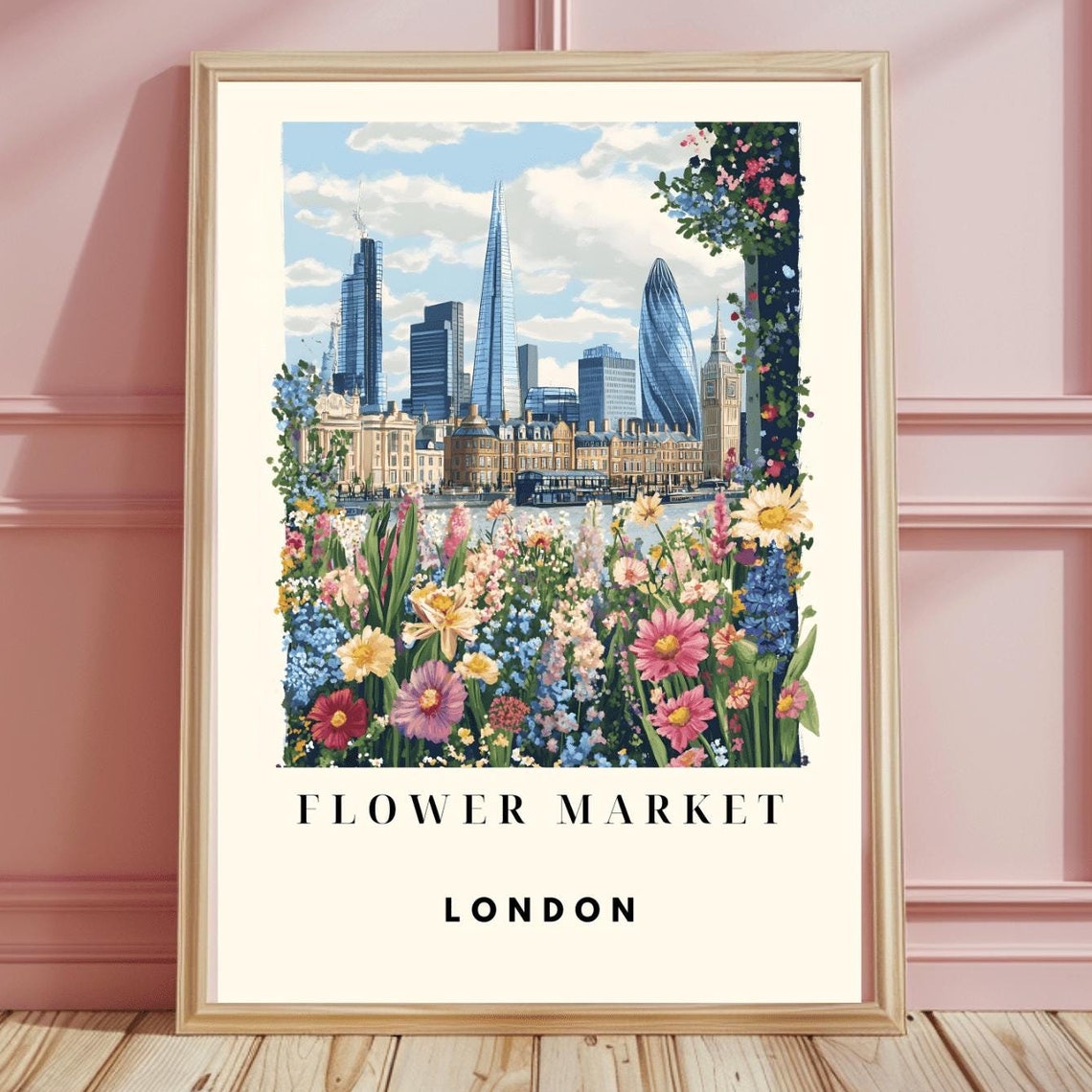 London Flower Market Print Custom City Travel Prints London Poster Wildflower Landmark Retro Travel Poster Homedecor