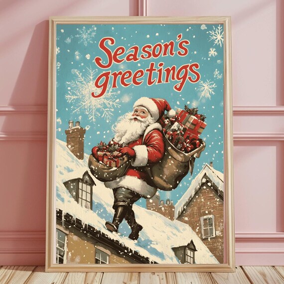 Jolly Vintage Santa on Snowy Rooftop with Season's Greetings Poster