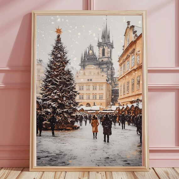 Snowy European Christmas Market Historic Square Gothic Spire Poster