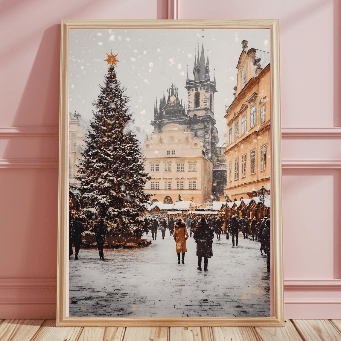 Snowy European Christmas Market Historic Square Gothic Spire Poster