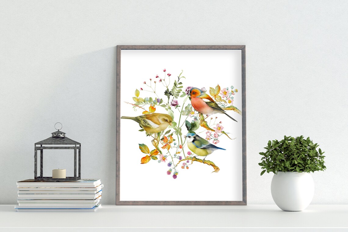 Spring Songbirds Chaffinch And Blue Tit Floral Watercolor Poster - Image 2