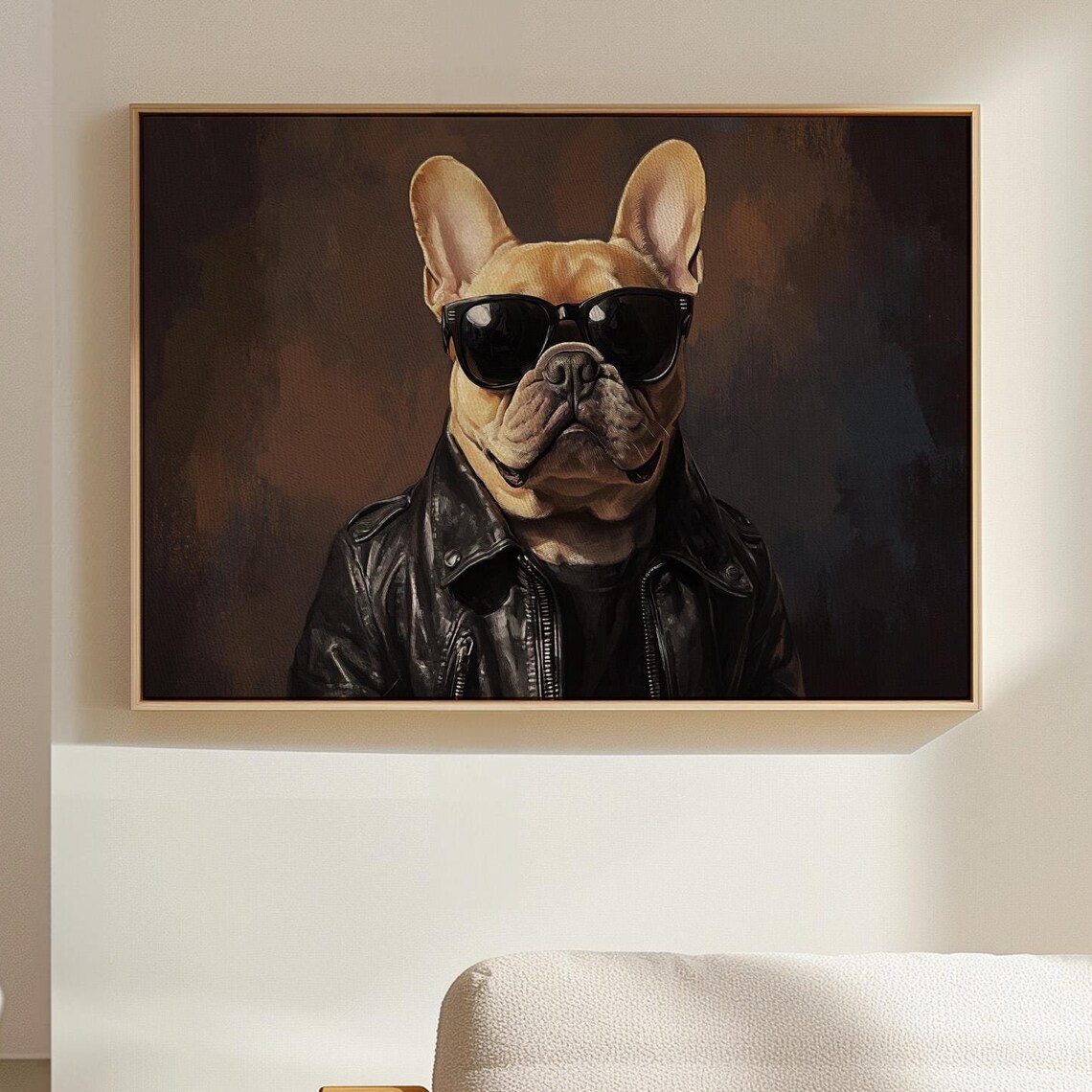 Cool Tan French Bulldog Leather Jacket Sunglasses Dog Art Print