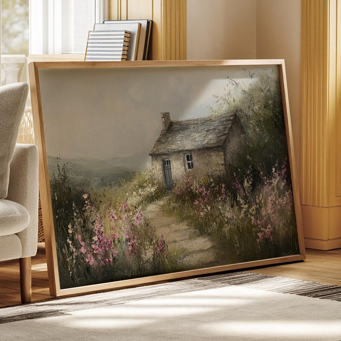 Rustic Cottage Art Print, Stone House With Wildflower Path
