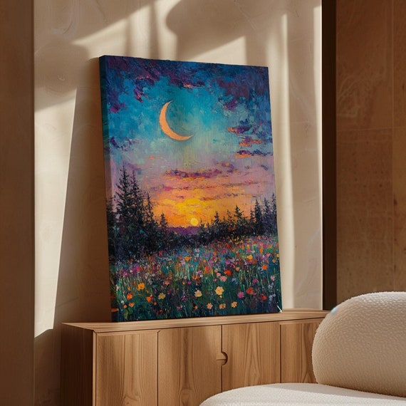Crescent Moon And Vibrant Wildflower Meadow Sunset Art Colorful Landscape Painting For Nature Inspired Wall Decor
