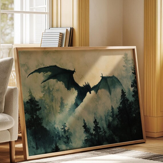 Majestic Dragon Silhouette Soaring Above Misty Forest Stunning Fantasy Wall Art For Home Or Office Decor