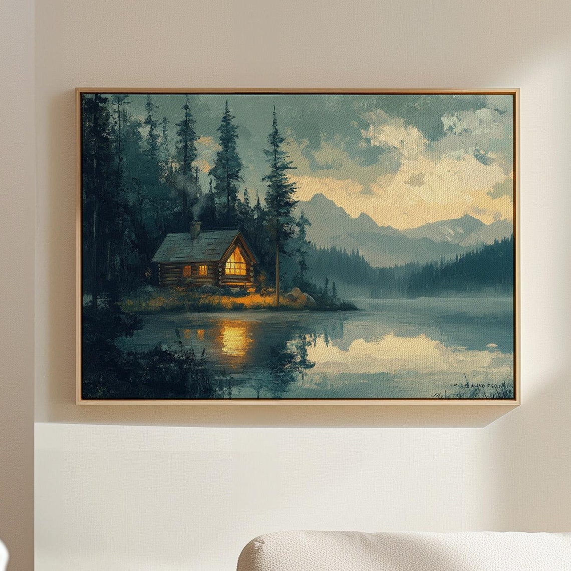 Cozy Log Cabin Lake Dusk Pine Forest Mountain Reflection Poster