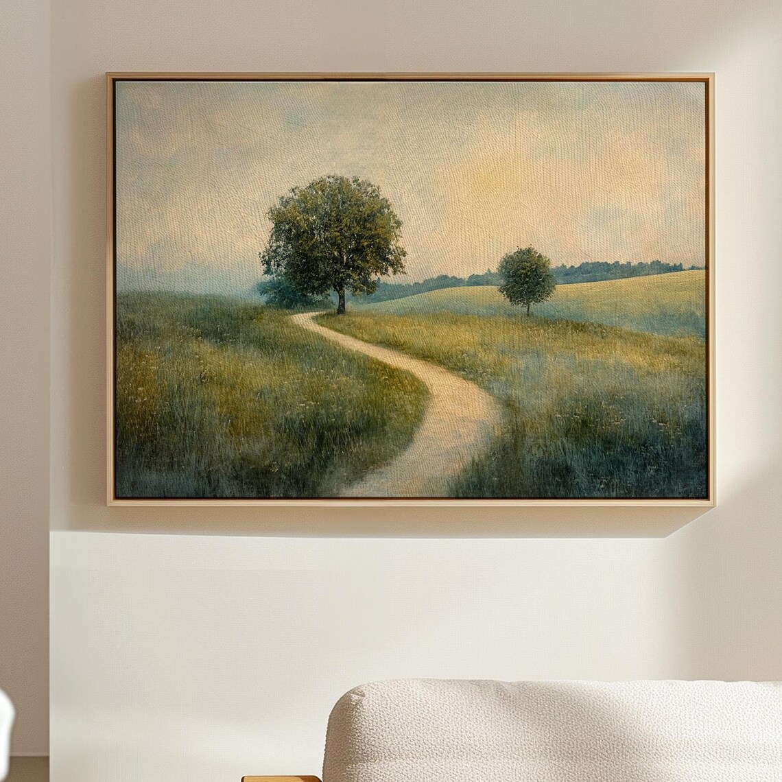Lone Tree by Winding Meadow Path Vintage Landscape Painting Poster