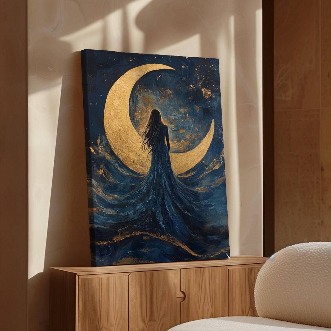 Celestial Woman Blue Flowing Dress Golden Crescent Moon Mystical Poster