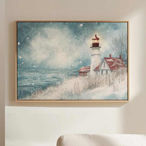 Winter Lighthouse Canvas Wall Art Snowy Coastal Landscape Painting Nautical Seaside Home Decor Cottage Framed