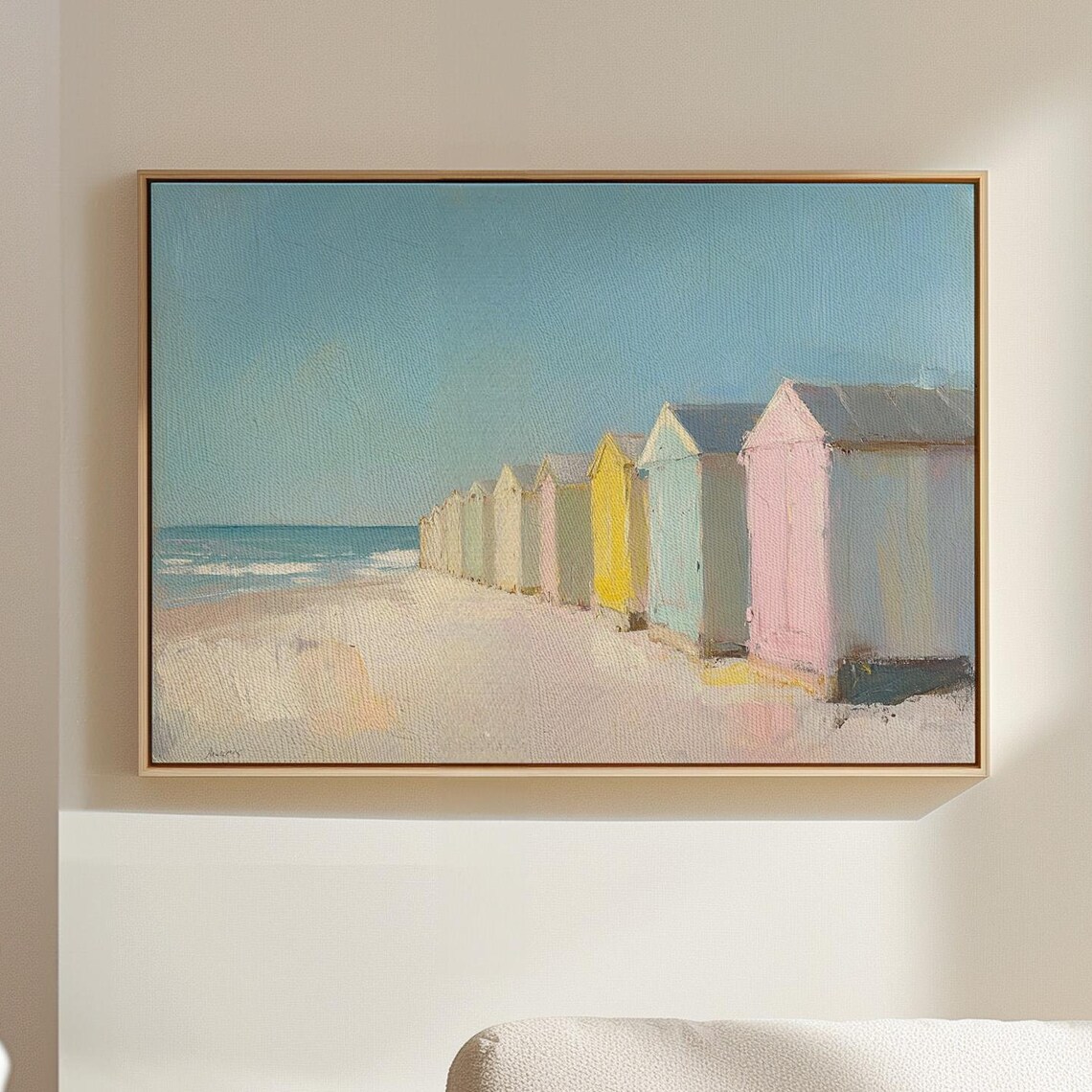 Coastal Beach Huts Art Print, Pastel Summer Seaside Scene