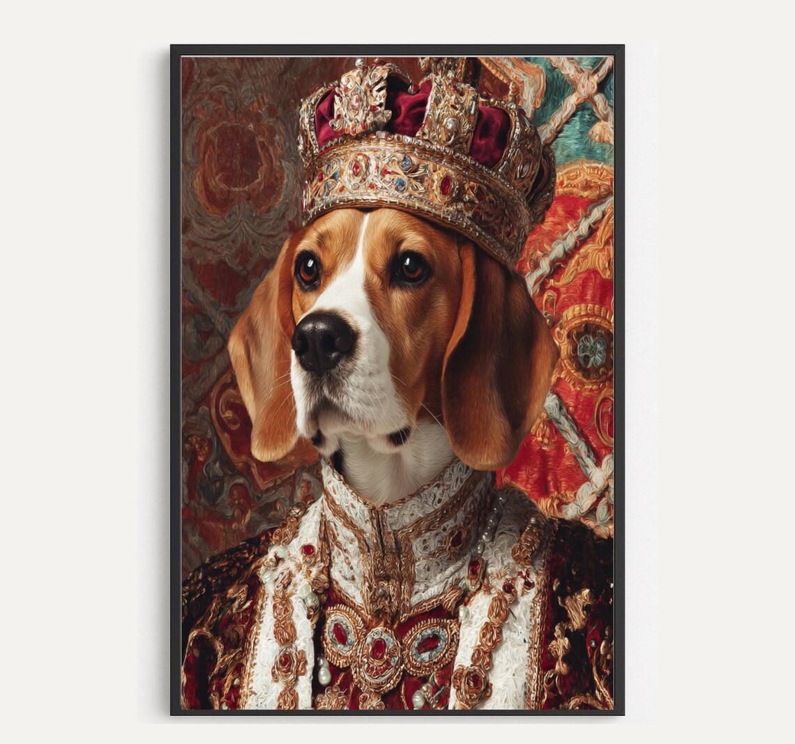 Beagle King Royal Dog Portrait Ornate Crown Regal Robes Funny Pet Poster