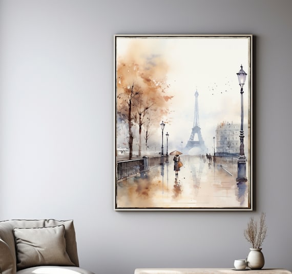 Paris Eiffel Tower Rainy Bridge Woman Umbrella Watercolor Art Poster