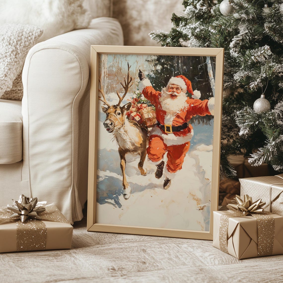 Joyful Santa Dancing With Reindeer Gifts Snowy Forest Vintage Print - Image 2