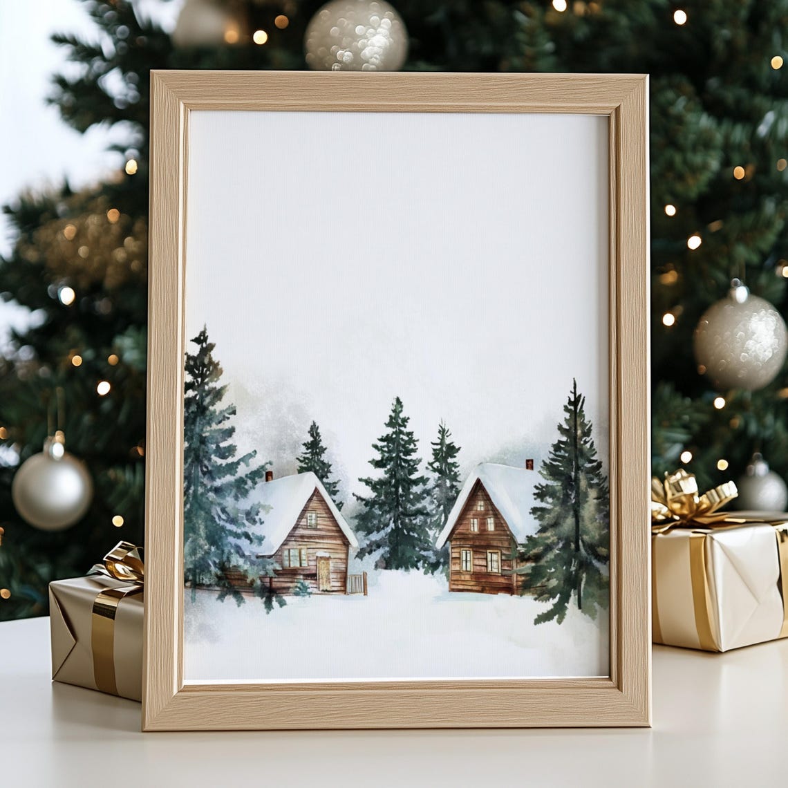 Snowy Wooden Cabins Tall Pines Minimalist Winter Watercolor Print - Image 2