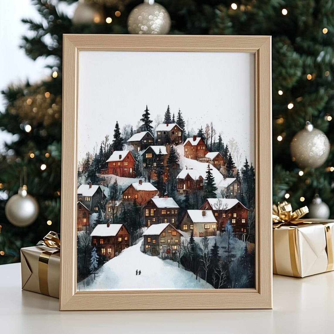 Snowy Scandinavian Village Hillside Glowing Windows Watercolor Print - Image 2