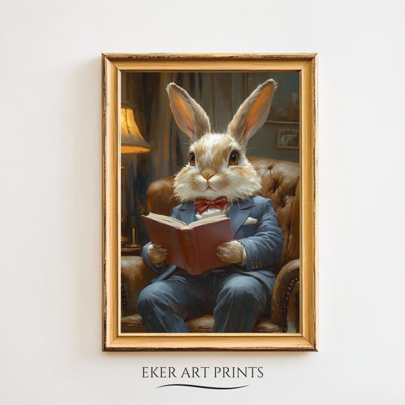 Cute Easter Bunny Reading Book Art Easter Print Easter Wall Art Spring Print Easter Decor Spring Decor Cottagecore Print Academia Decor
