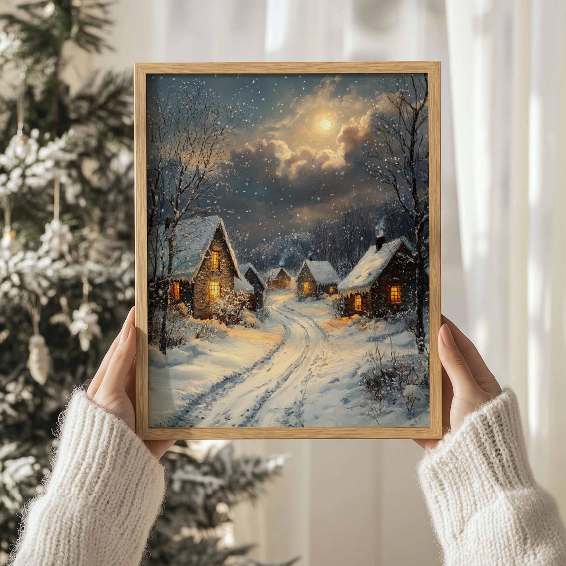 Vintage Christmas Wall Art Winter Village Landscape Painting Christmas Night Village Art Seasonal Christmas Decor Farmhouse Christmas - Image 3