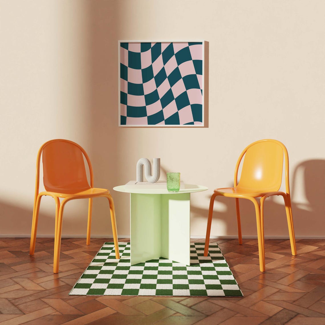 Wavy Teal and Blush Pink Checkerboard Retro Geometric Poster - Image 2