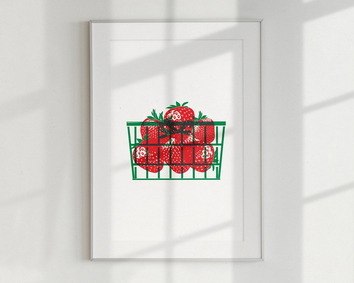Red Strawberries Green Basket Retro Kitchen Fruit Summer Poster - Image 2