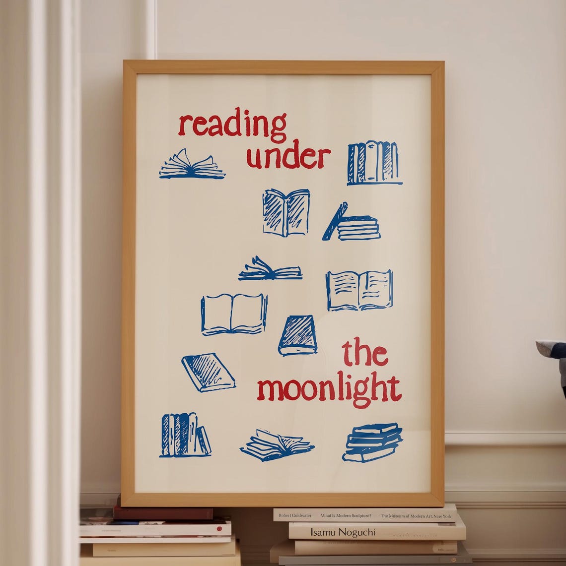 Reading Under The Moonlight Blue Books Sketch Cozy Library Art Poster