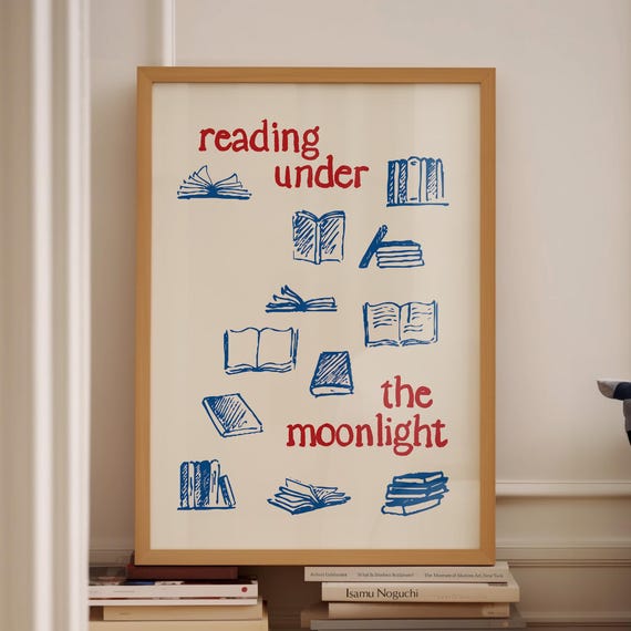 Blue Red Illustration Hand Drawn Exhibition Poster Reading Under The Moonlight Printed Poster Exhibition Vintage Book Worm Gift