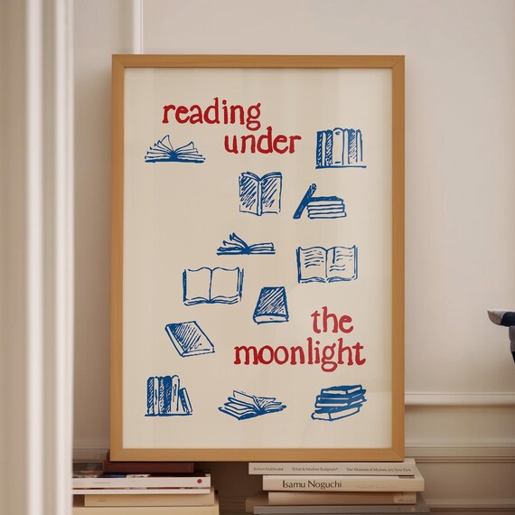 Reading Under The Moonlight Blue Books Sketch Cozy Library Art Poster