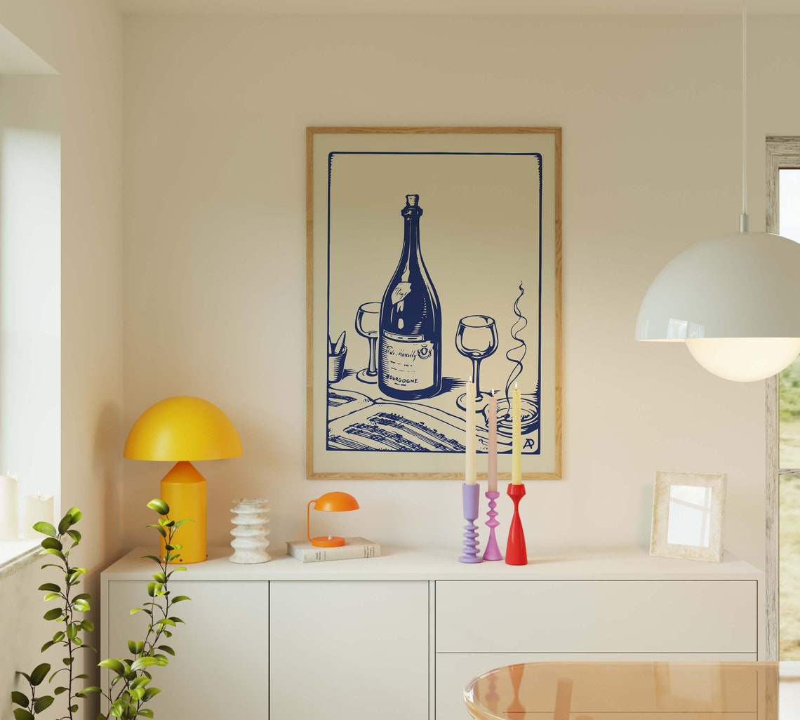 Blue Ink Wine Bottle Bourgogne Still Life French Kitchen Poster - Image 2