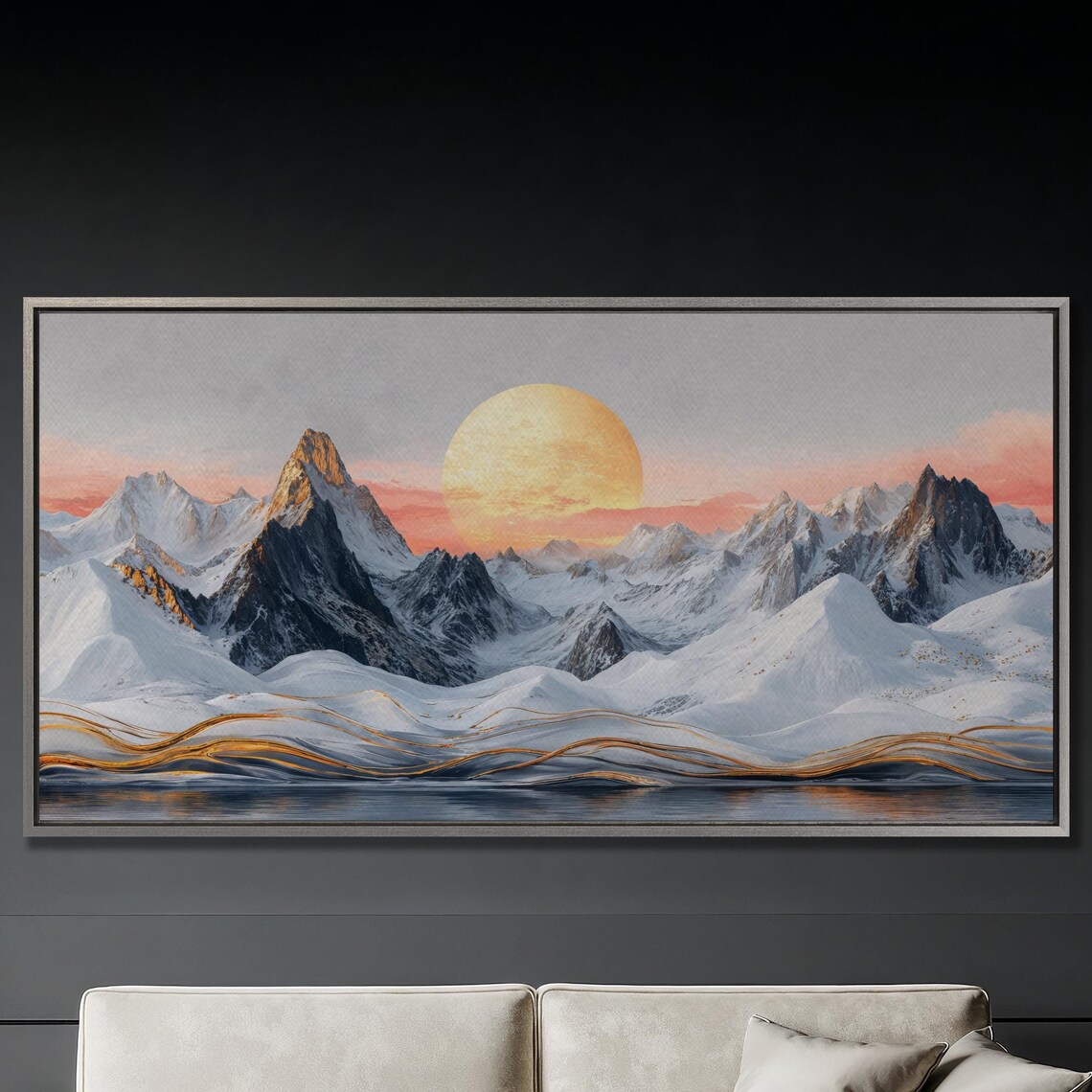 Serene Snowy Mountain Landscape Wall Art Golden Sun Painting Print Luxury Home Decor Abstract Nature Scenery Poster Ready To Hang