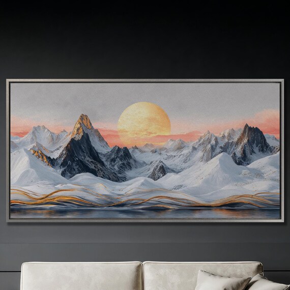 Serene Snowy Mountain Landscape Wall Art Golden Sun Painting Print Luxury Home Decor Abstract Nature Scenery Poster Ready To Hang