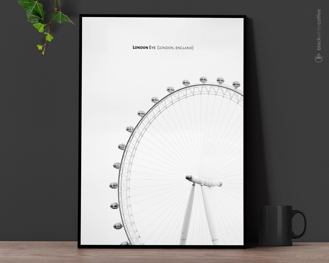 London Eye Ferris Wheel Minimalist Black And White Photo Poster