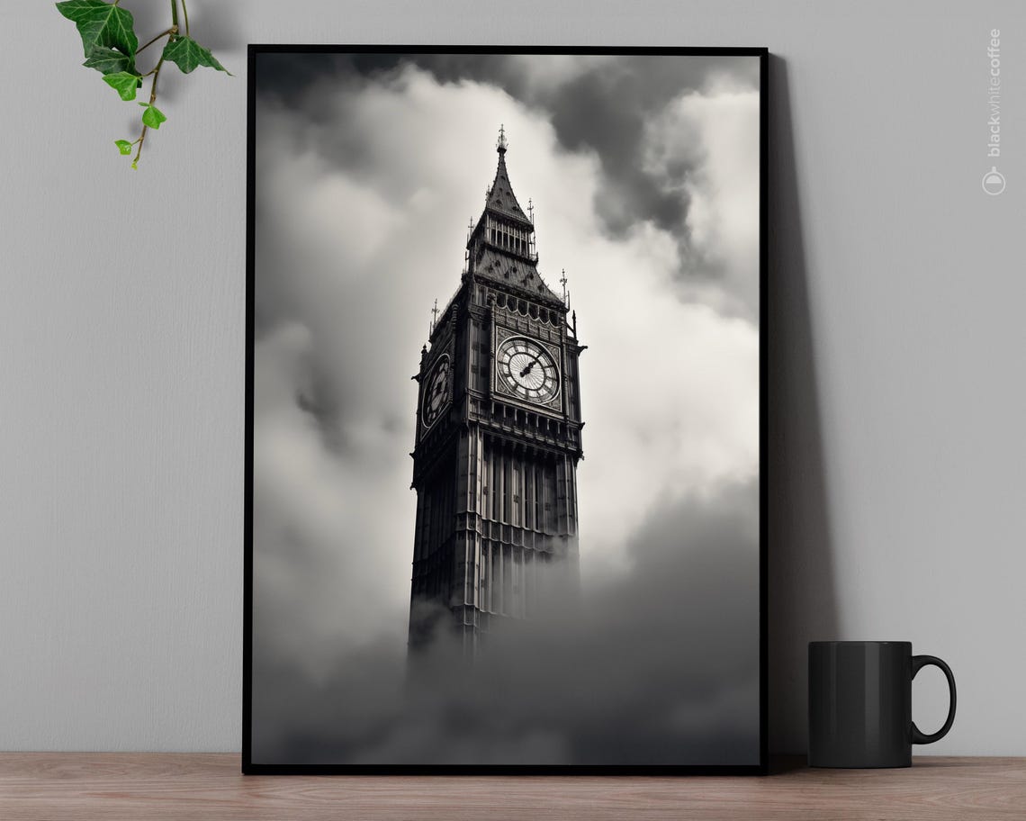 Big Ben London Clock Tower Black White Dramatic Clouds Photo Poster
