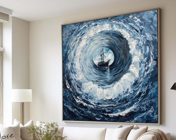Original Ocean Wave Texture Oil Painting Blue Sailboat Wall Art Abstract Sea Wall Art Nautical Abstract Painting Large Blue Texture Wall Art