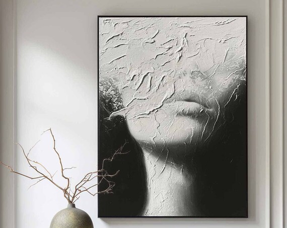 Black White Faceless Woman Portrait Texture Painting Modern Figure Art