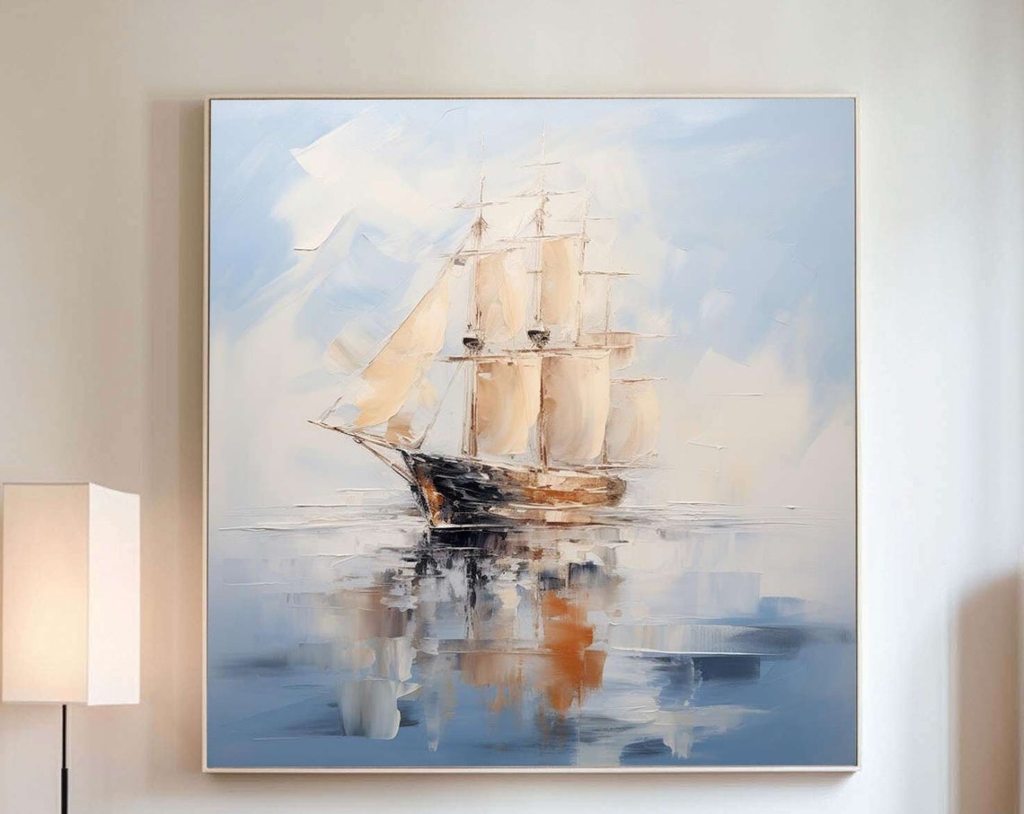 Vintage Tall Ship Full Sails Calm Blue Sea Nautical Canvas Poster - Image 2