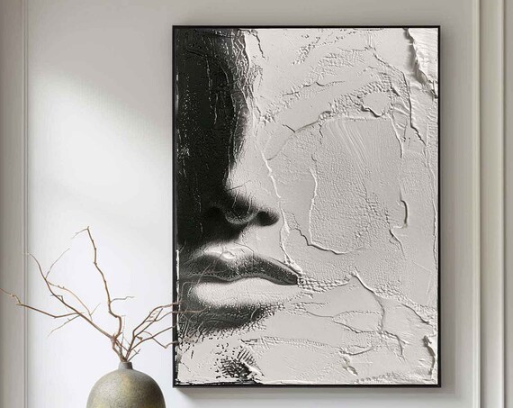 Black White Woman Face Profile Sculptural 3D Texture Abstract Portrait Wall Art