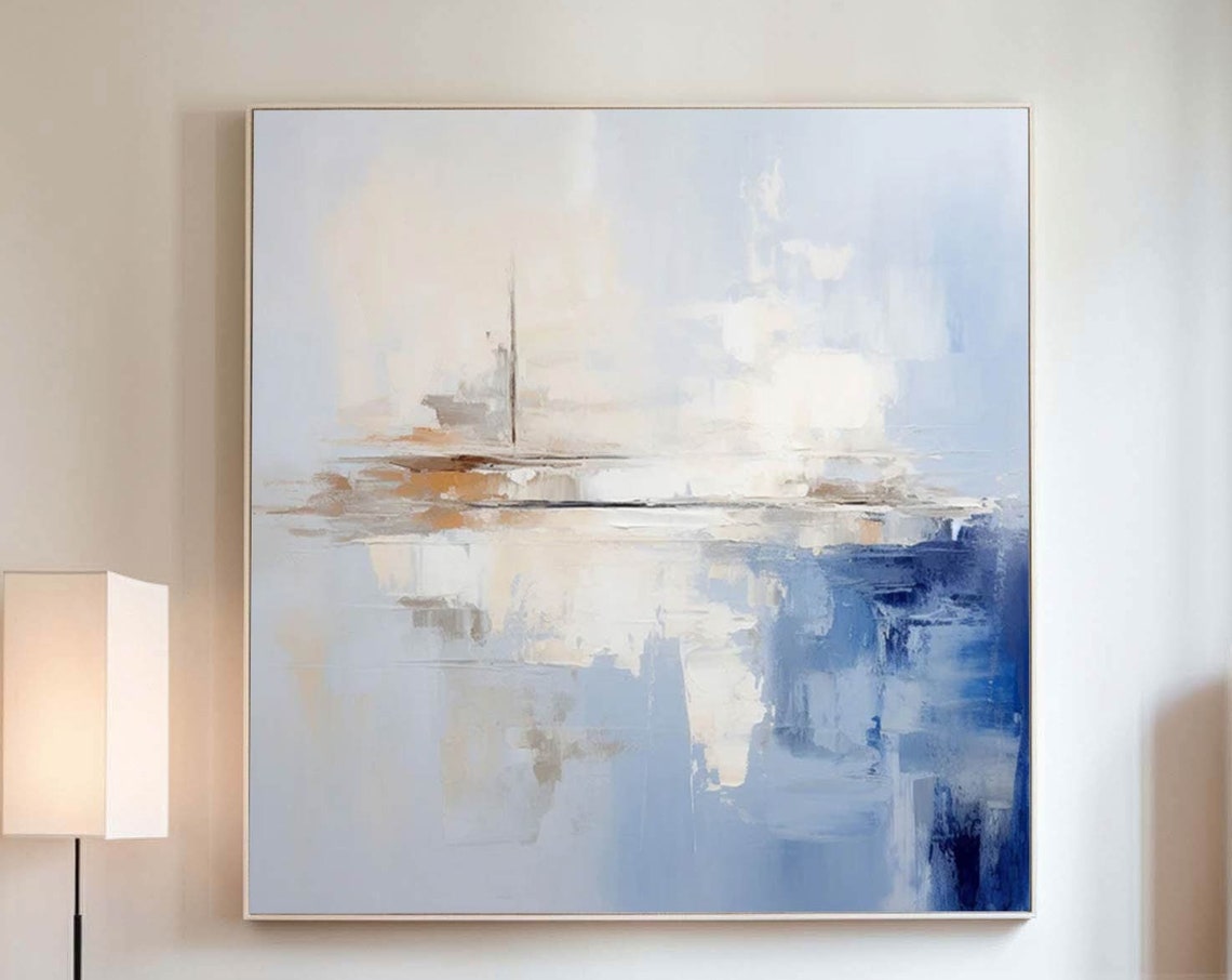 Blue Beige Textured Abstract Seascape Horizontal Landscape Wall Art