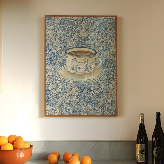 Coffee With Grandma Print Antique Cup Wall Art Trendy Apartment Decor Abstract Vintage Painting Cottagecore Decor Retro Coffee Poster