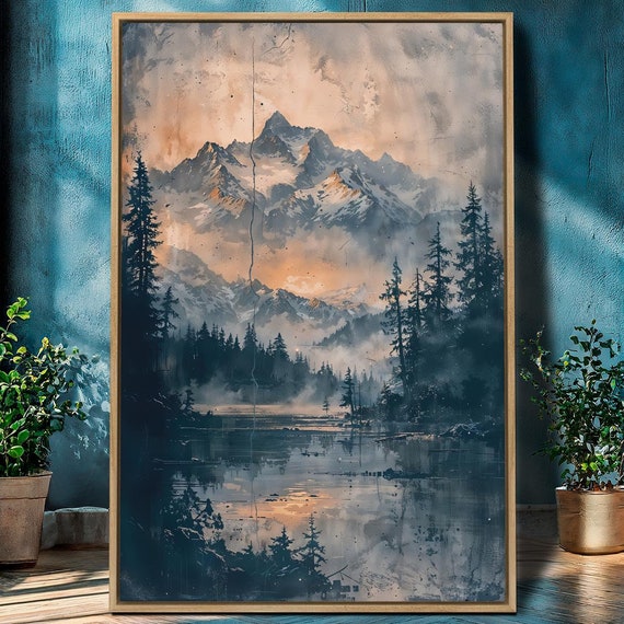 Majestic Mountain Landscape Framed Canvas Wall Art Snowy Peaks Painting Print Lake In The Woods Poster Nature Decor Gift Ready To Hang