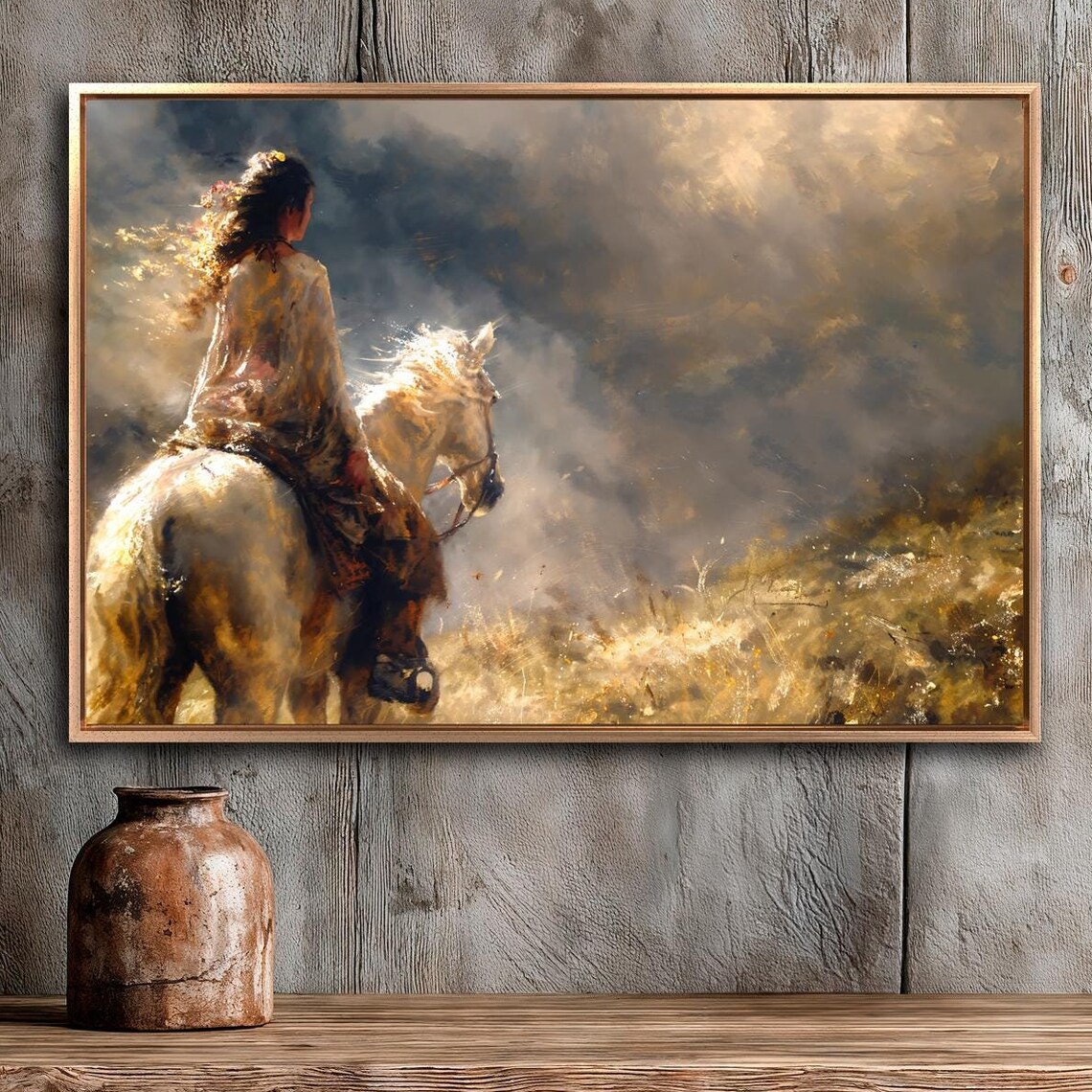 Woman Riding White Horse, Autumn Fantasy Art Print