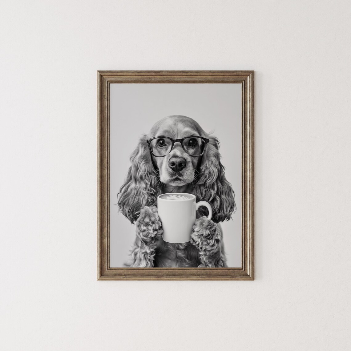 Cocker Spaniel Drinking Coffee, Black And White Print - Image 2
