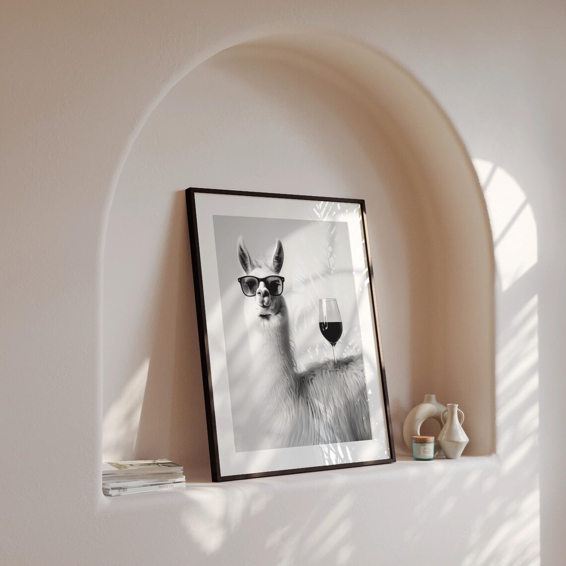 Llama With Red Wine Glass Sunglasses Funny Animal Portrait Print - Image 4