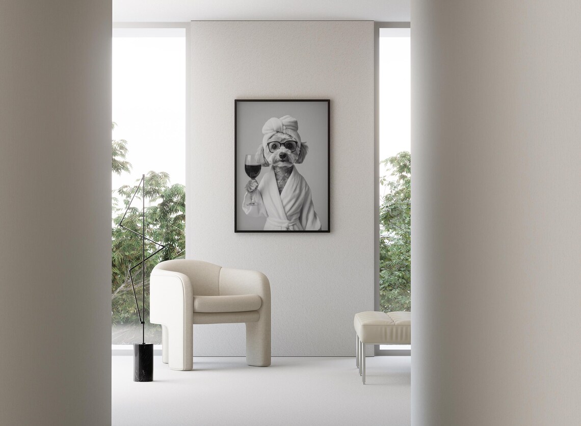 Cockapoo In Bathrobe Holding Wine, Dog Humor Art Print - Image 3